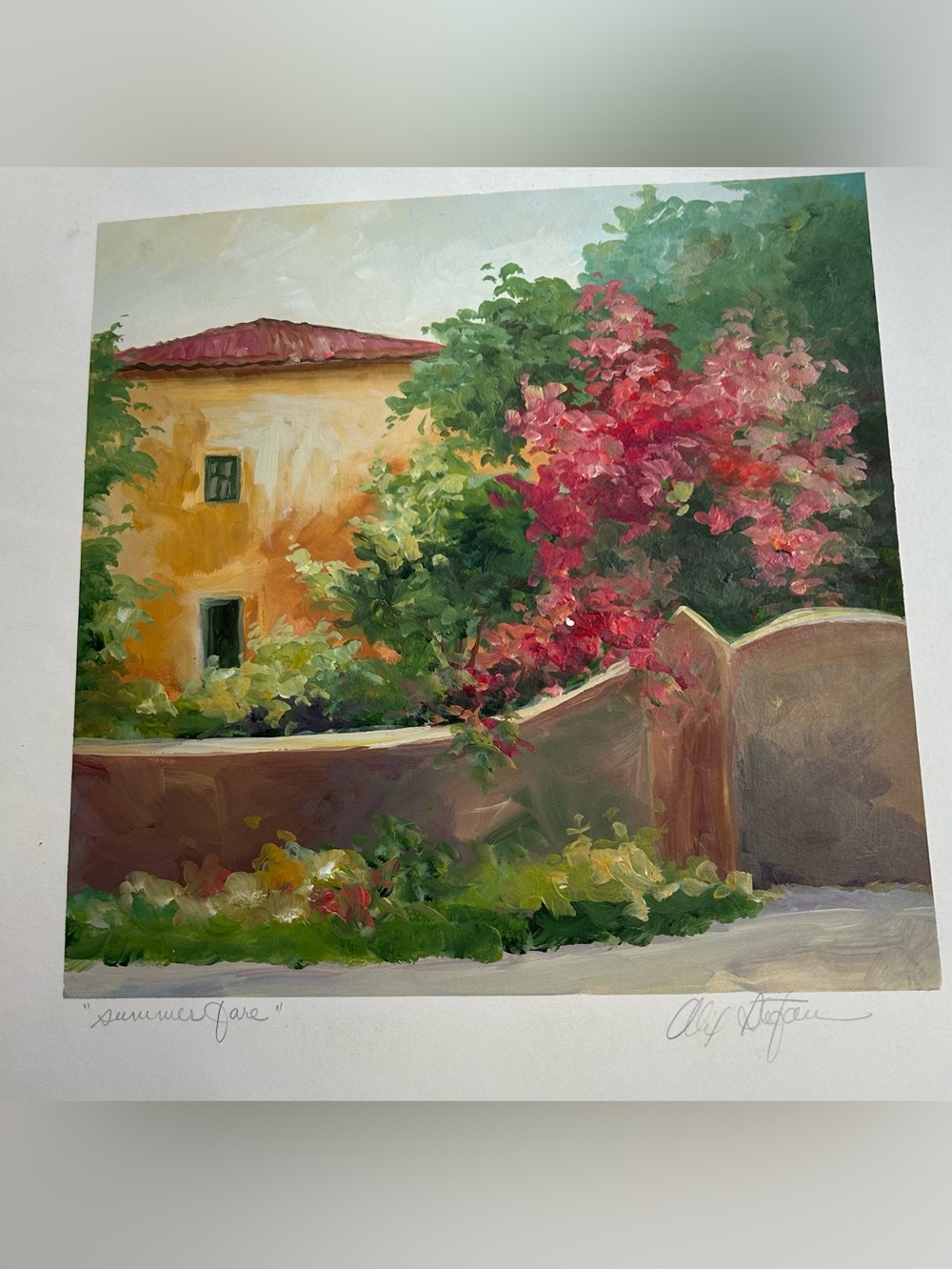 Hand-Painted Garden Painting in Pink and Green 12x12”